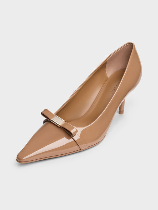 Dorian Patent Bow Pointed-Toe Stiletto-Heel Pumps, Caramel, hi-res