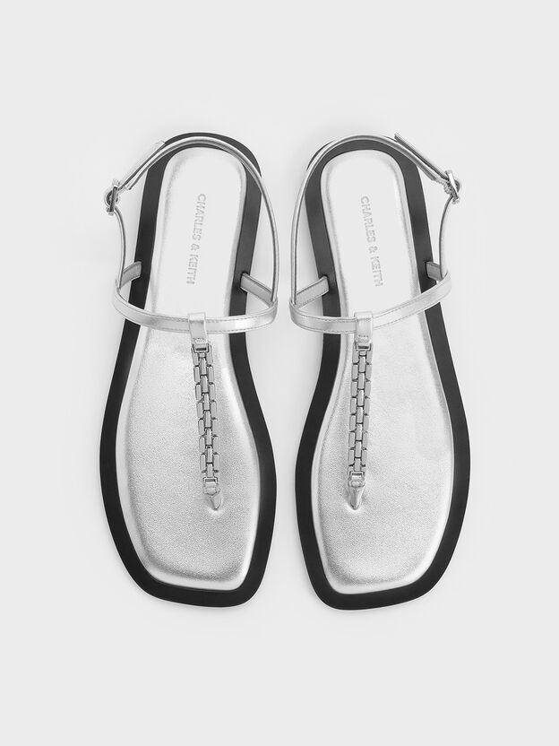 Metallic Chain-Link Thong Sandals, Silver, hi-res