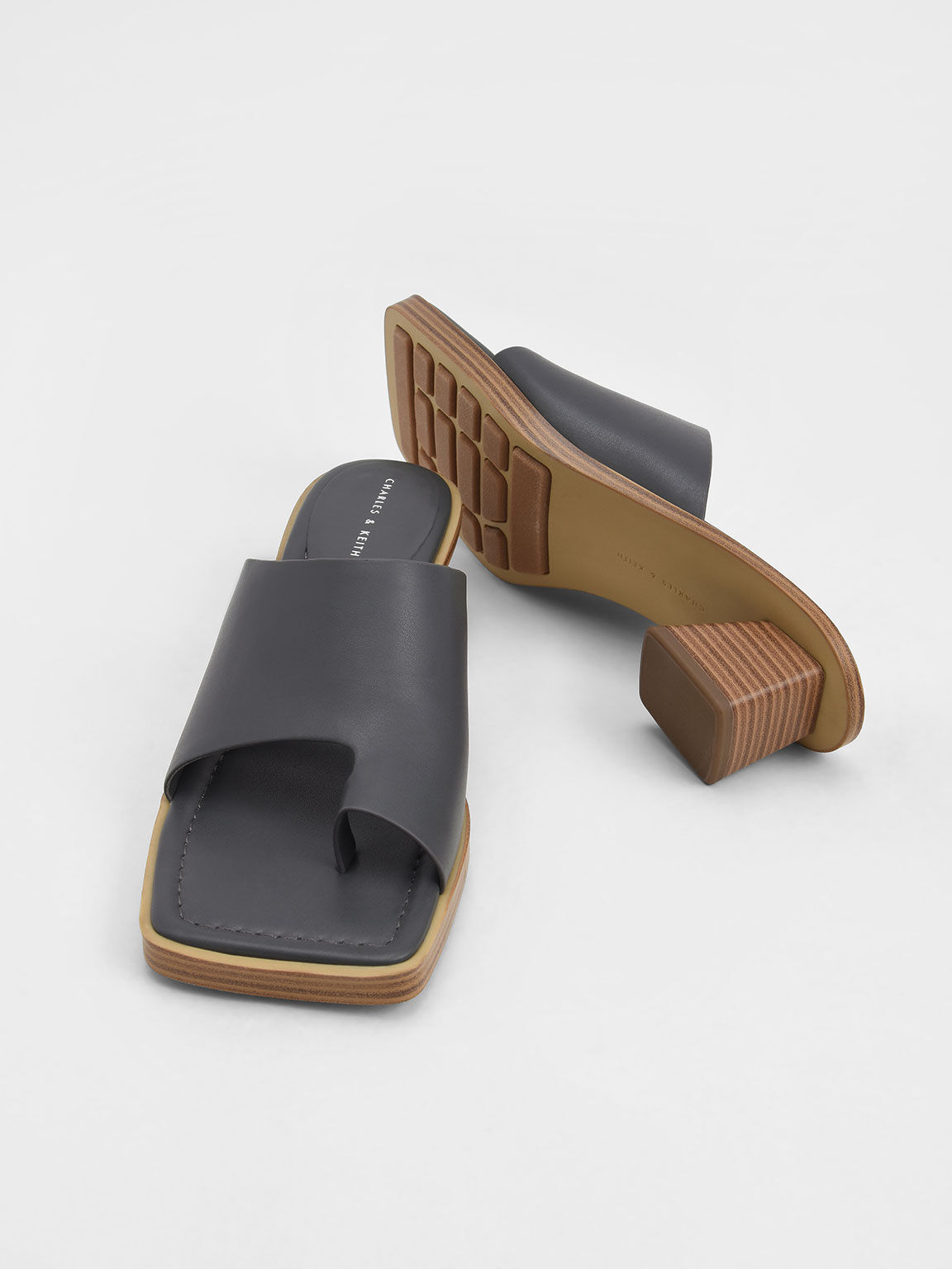 Toe Ring Stacked Heel Sandals, Dark Grey, hi-res