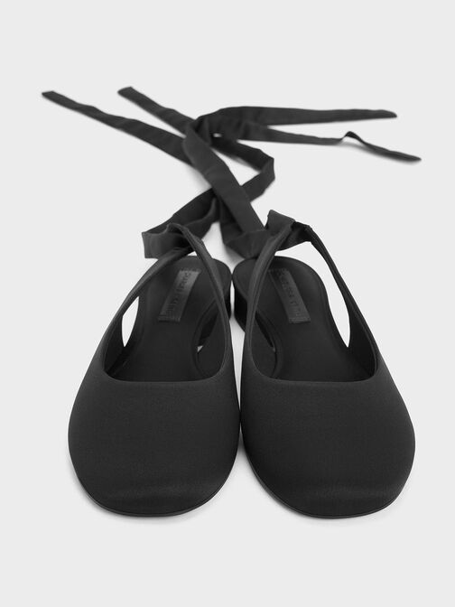 Satin Tie-Around Ballet Flats, Black Textured, hi-res