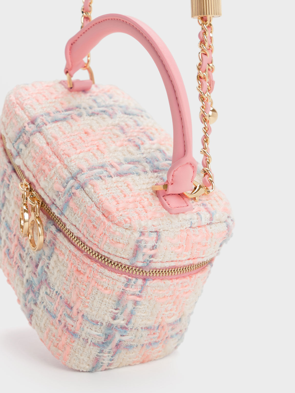 Tweed Two-Way Zip Mini Bag, Pink, hi-res