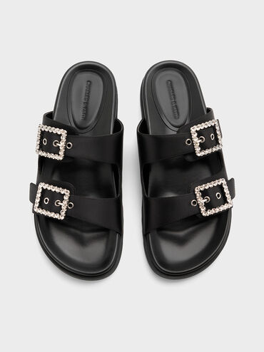 Sandalias de poliéster reciclado de doble tira y hebilla con gemas, Negro texturizado, hi-res