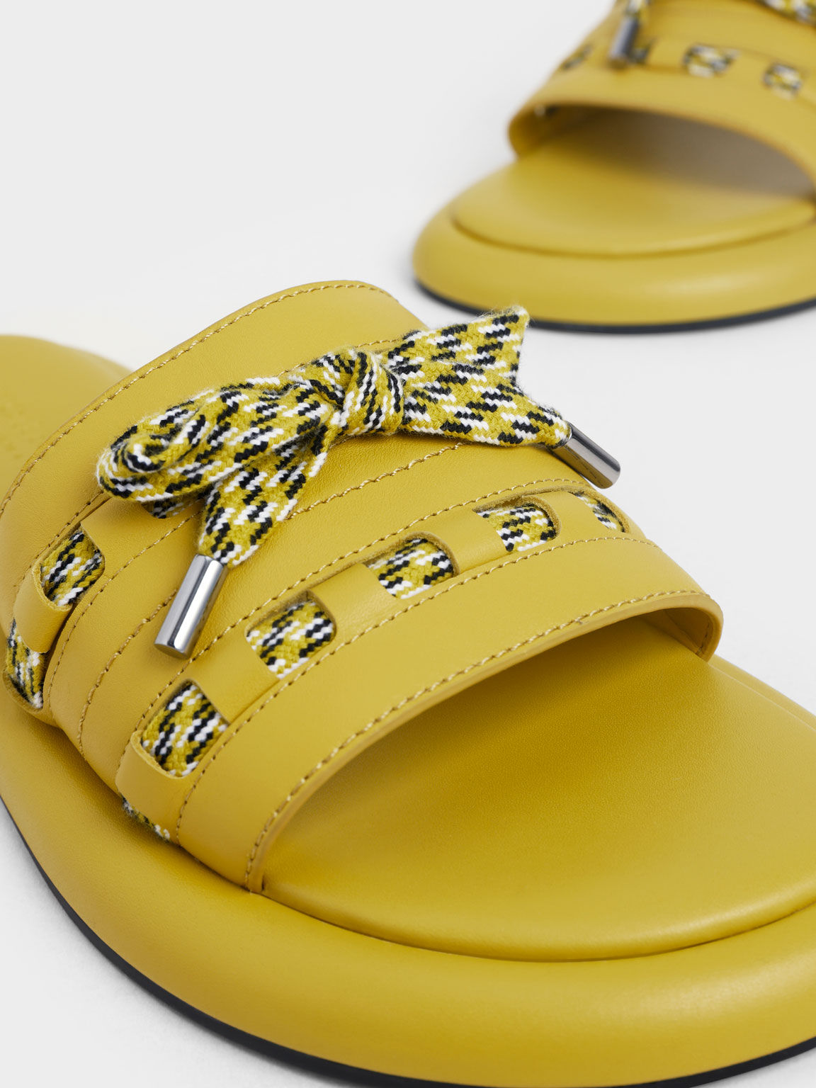 Printed Bow-Tie Leather Slide Sandals, Yellow, hi-res