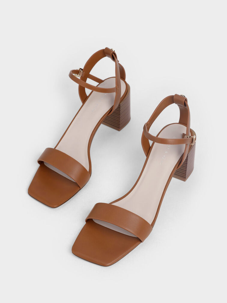 Ankle Strap Stacked Heel Sandals, Caramel, hi-res