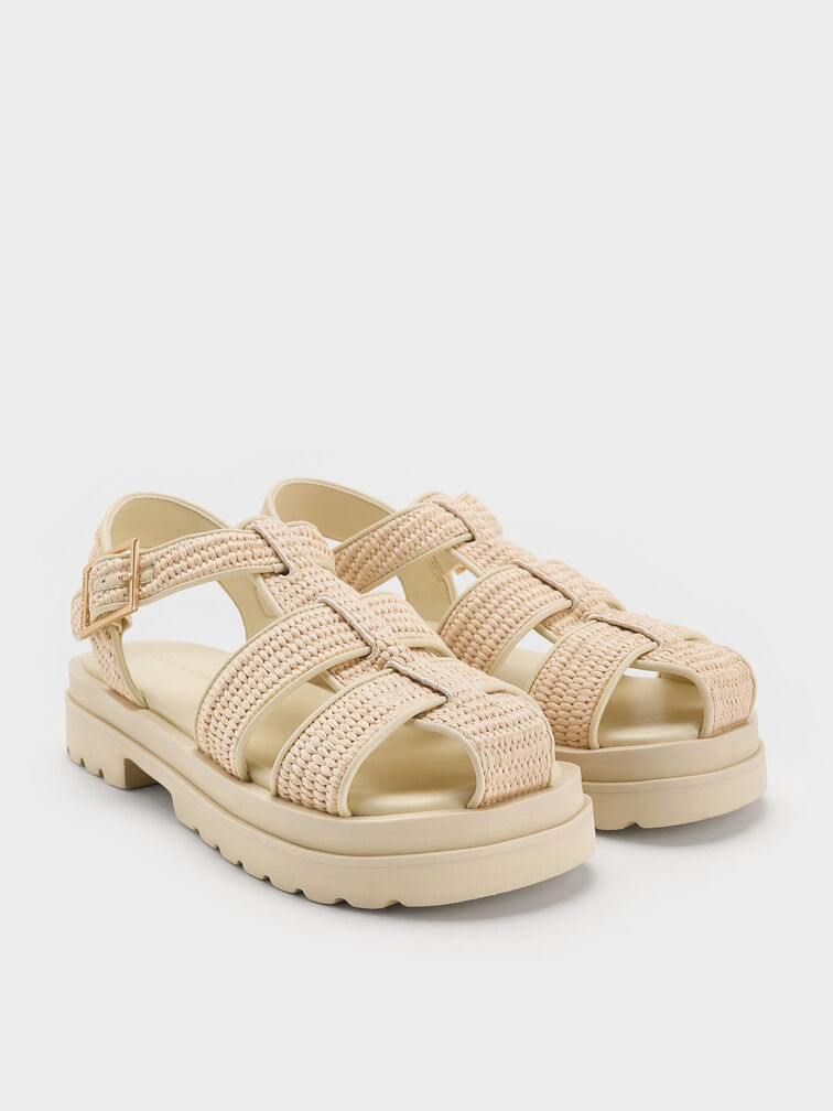 Raffia Caged Sandals, Cream, hi-res