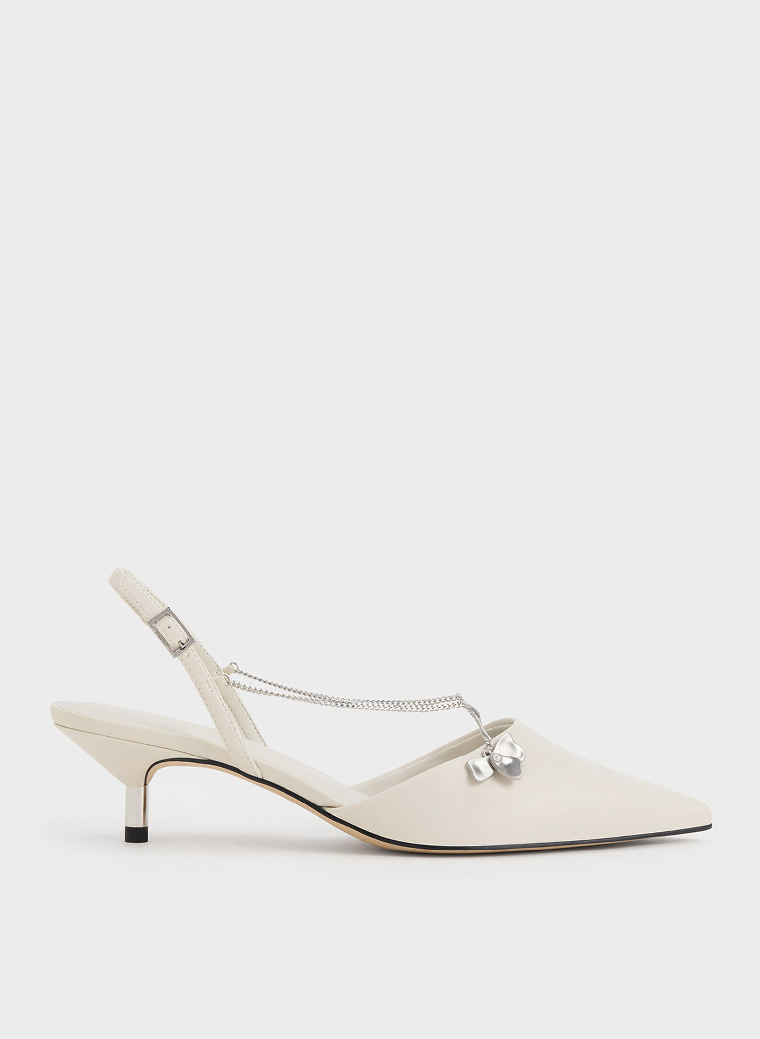 Flower-Accent Chain-Link Kitten-Heel Pumps, Chalk, hi-res