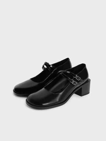 Patent Crossover Block Heel Mary Janes, Black, hi-res