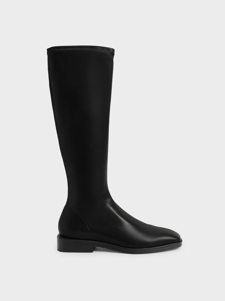 Knee High Flat Boots, Black, hi-res