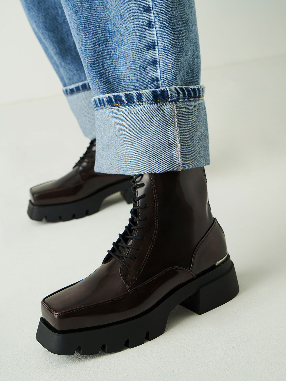 Lace-Up Platform Calf Boots, Dark Brown, hi-res