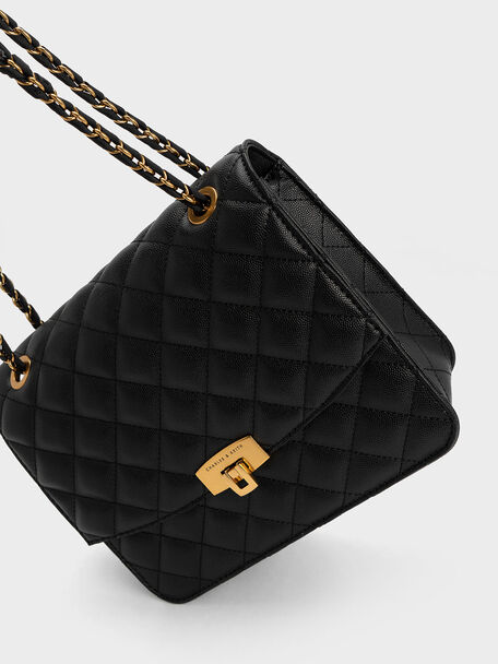 Quilted Chain Strap Bag, Black, hi-res