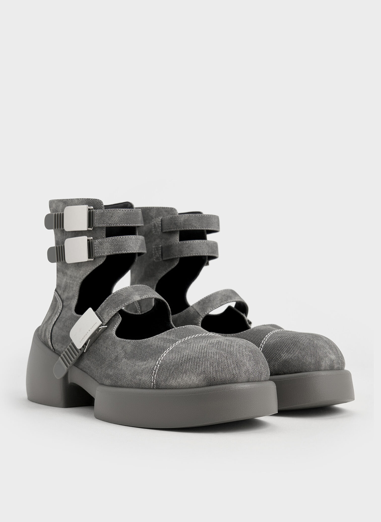 Robbie Denim-Effect Ankle-Strap Mary Jane Boots, Dark Grey, hi-res