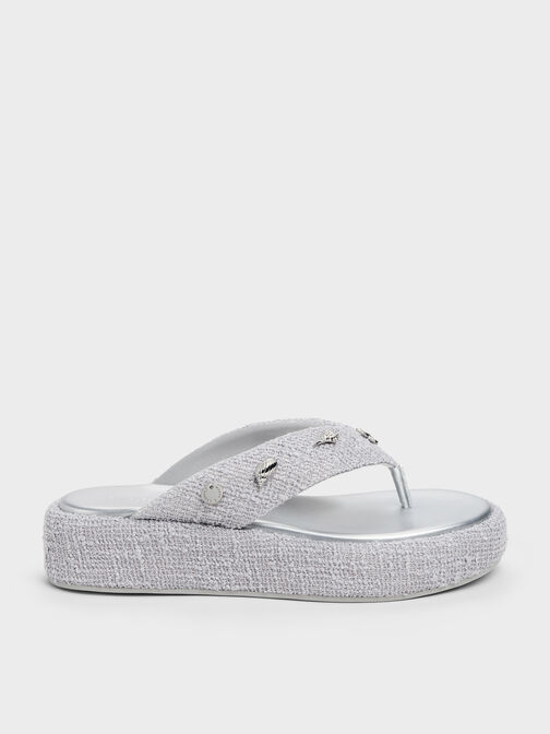Tweed Beach Flatform Thong Sandals, Silver, hi-res