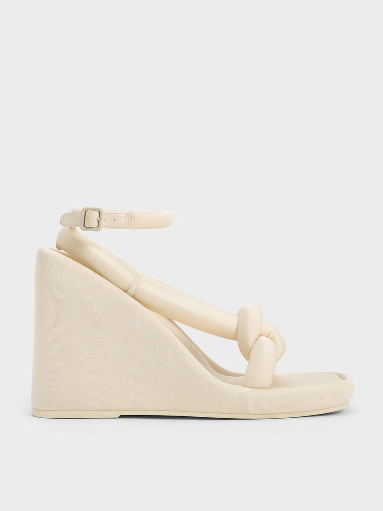 Toni Knotted Puffy-Strap Wedges, Chalk, hi-res