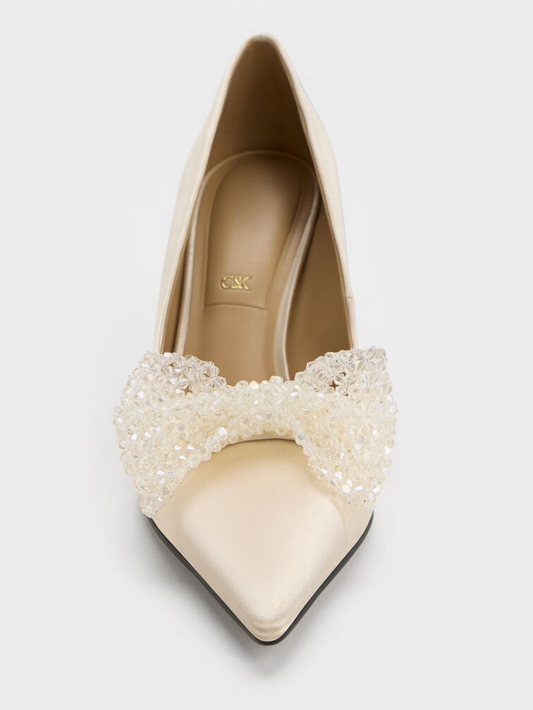 Recycled Polyester Beaded Bow Pumps, Champagne, hi-res