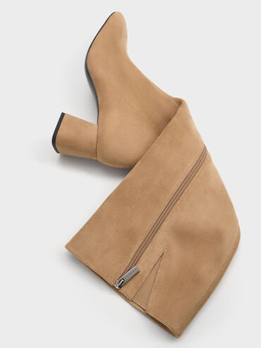 Faux Suede Square-Toe Side-Zip Knee-High Boots, Sand, hi-res