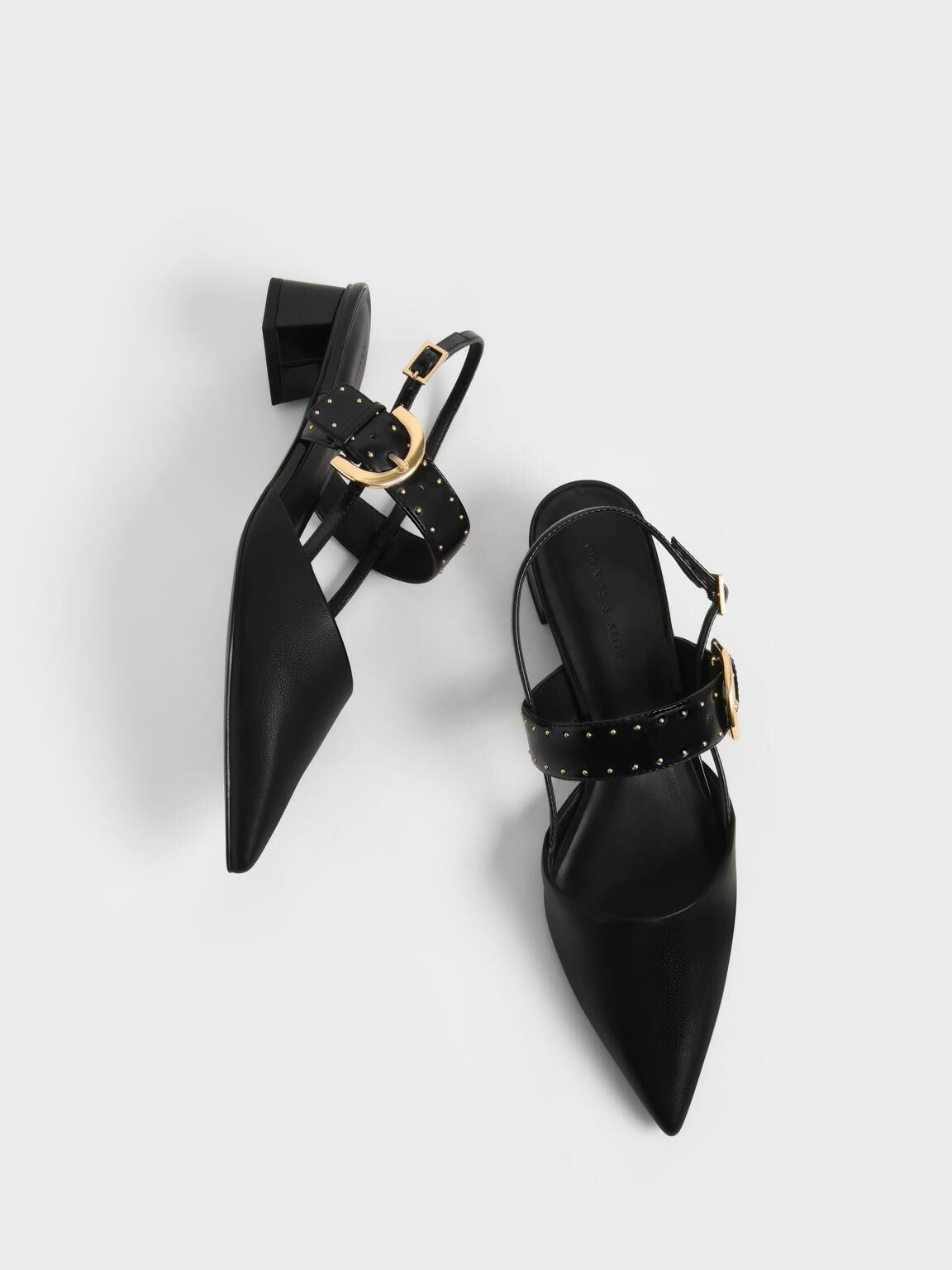 Studded Buckled Slingback Pumps, Black, hi-res