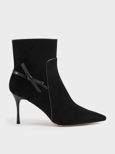 Leather & Suede Bow Stiletto Ankle Boots, Black Textured, hi-res