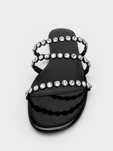 Crystal-Embellished Triple-Strap Sandals, Black Textured, hi-res