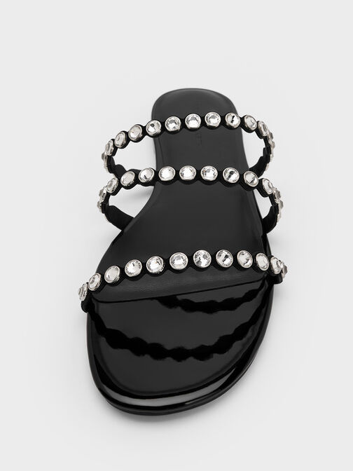 Crystal-Embellished Triple-Strap Sandals, Black Textured, hi-res