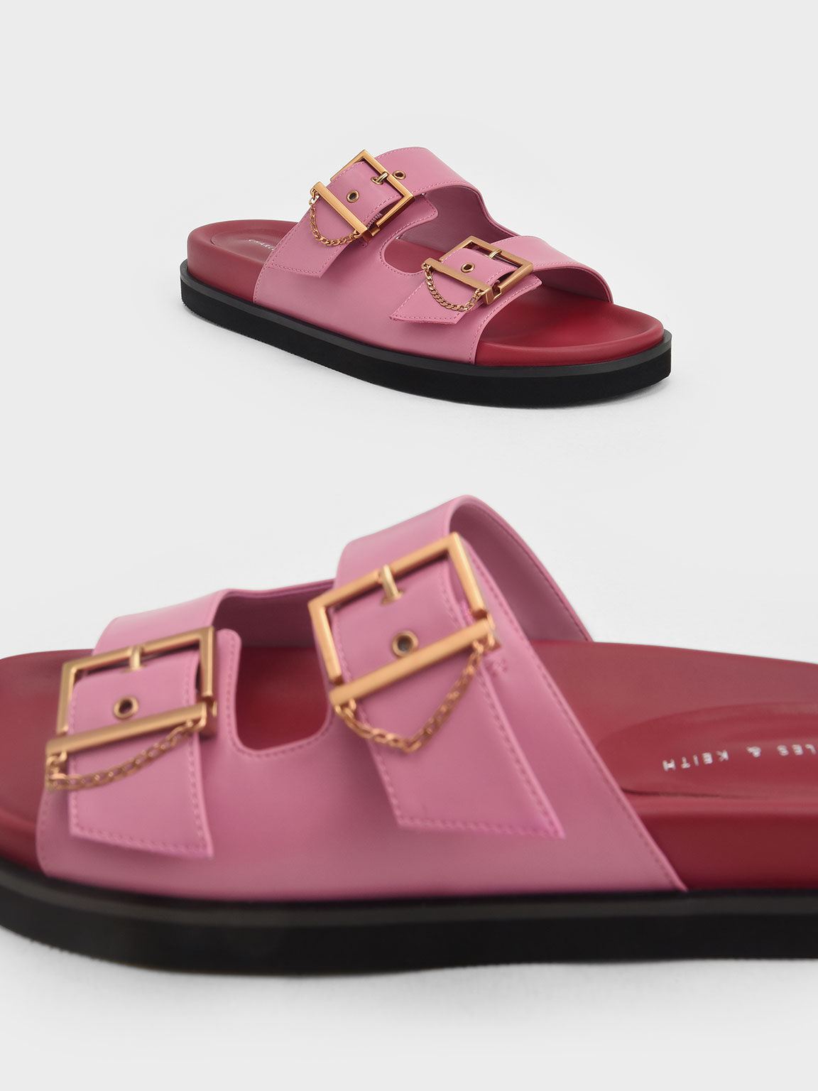 新春限定：雙寬帶方釦拖鞋, 粉紅色, hi-res