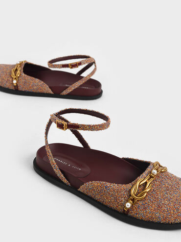 Terry Cloth Beaded Chain-Link Ankle Strap Flats, Red, hi-res