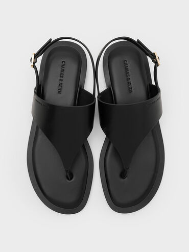 V-Strap Slingback Thong Sandals, Black, hi-res