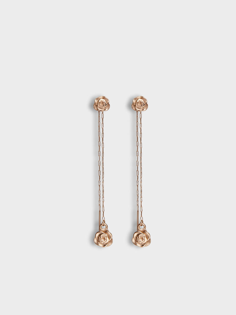 Brincos pendentes assimétricos com motivos florais Rosalind, Brushed Rose Gold, hi-res