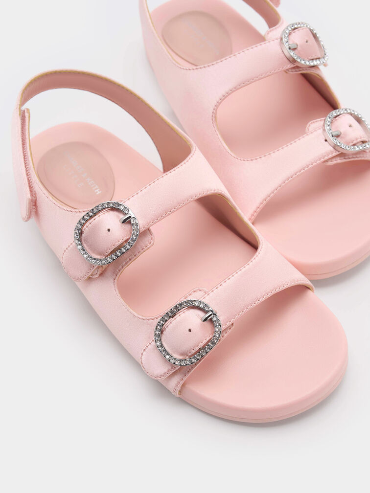 Girls' Satin Crystal-Buckle Double-Strap Slingback Sandals, Light Pink, hi-res