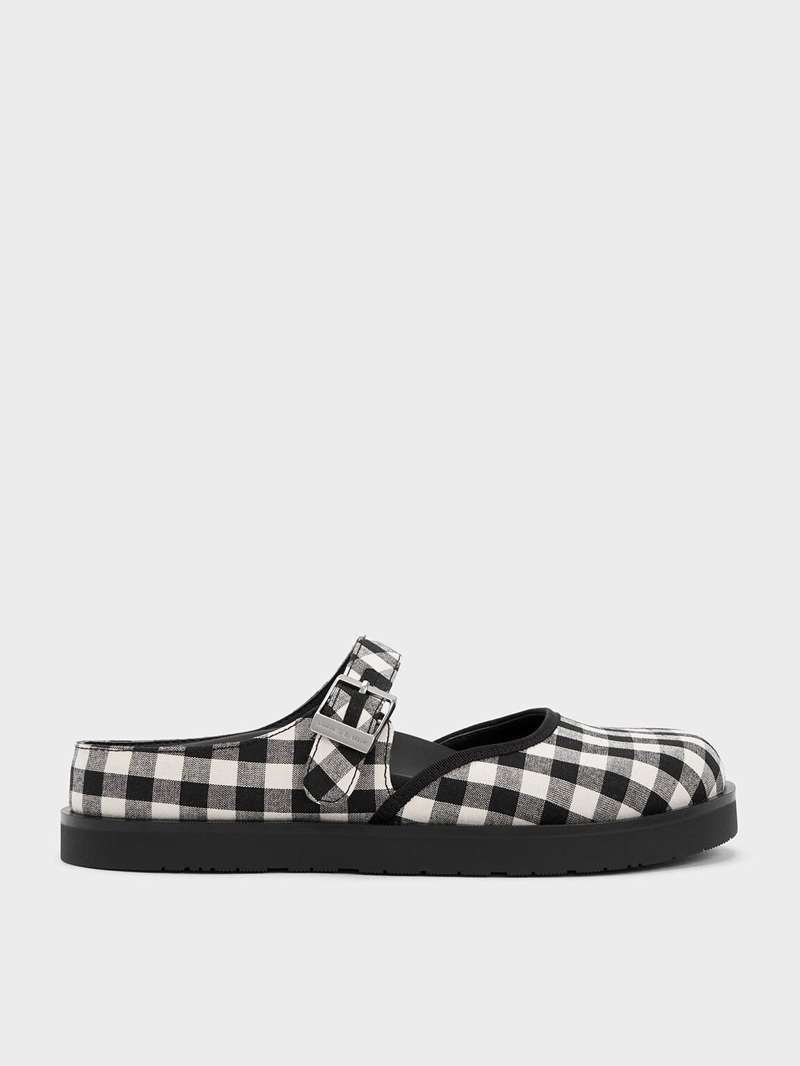 Gingham Buckled Flat Mules, Black Textured, hi-res
