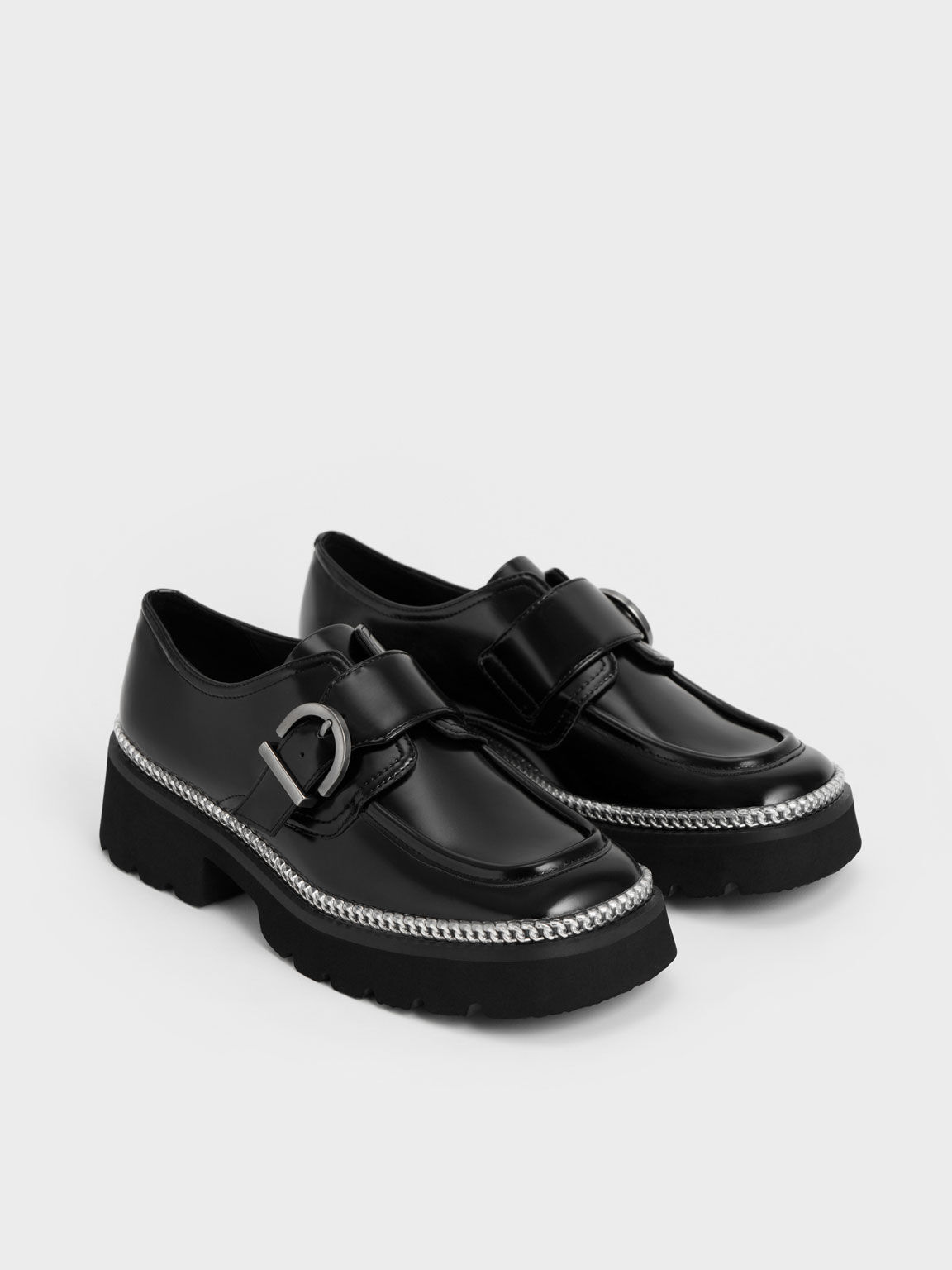 Buckled Chain-Trim Loafers, Black, hi-res