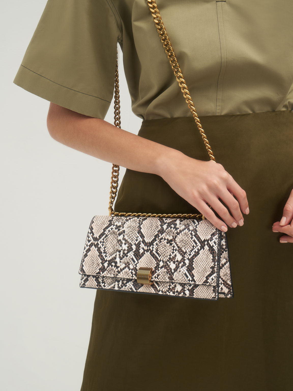 Chalk Chain Strap Snake Print Trapeze Shoulder Bag CHARLES