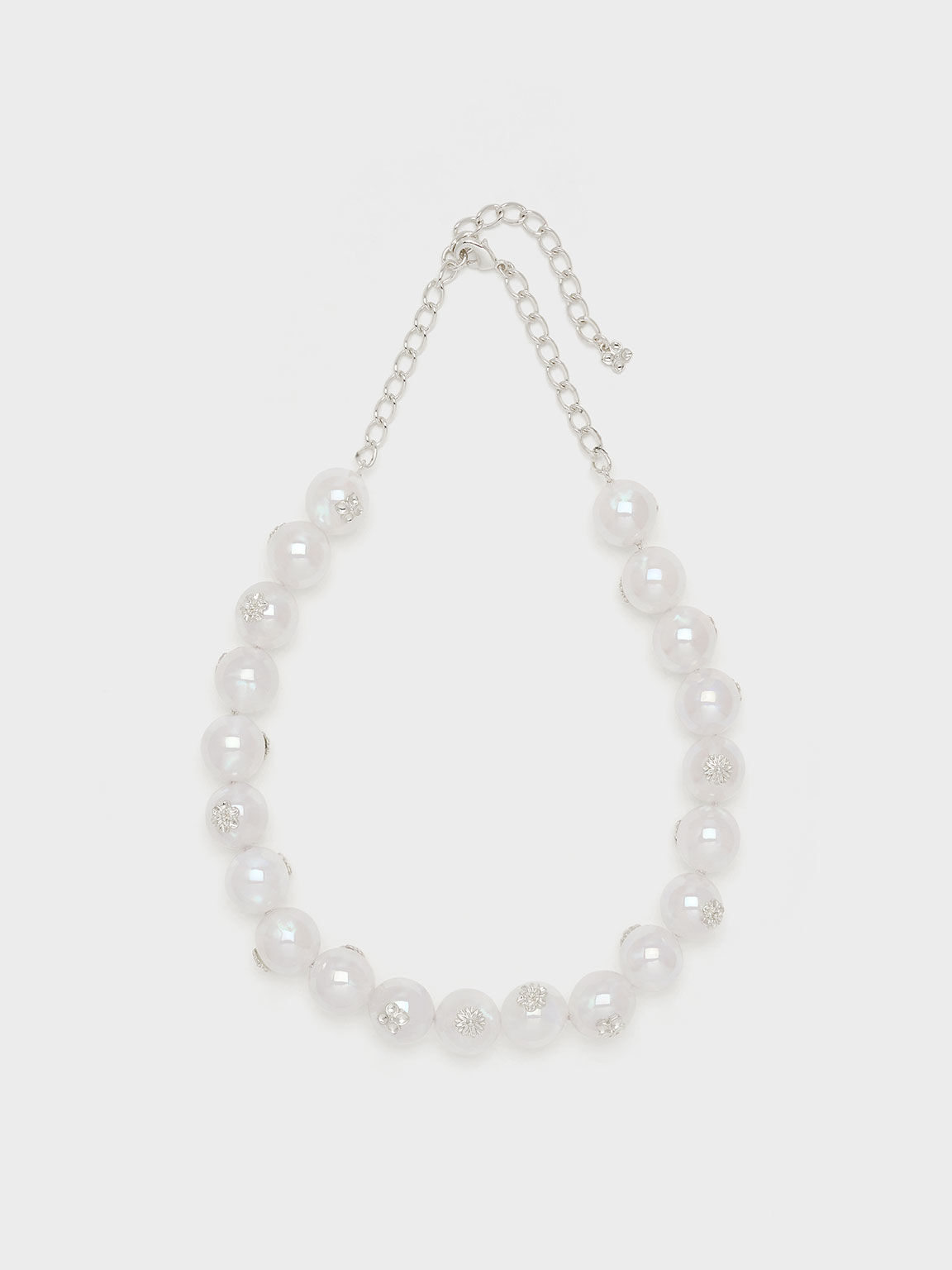 Flower-Embellished Pearl Necklace, Silver, hi-res