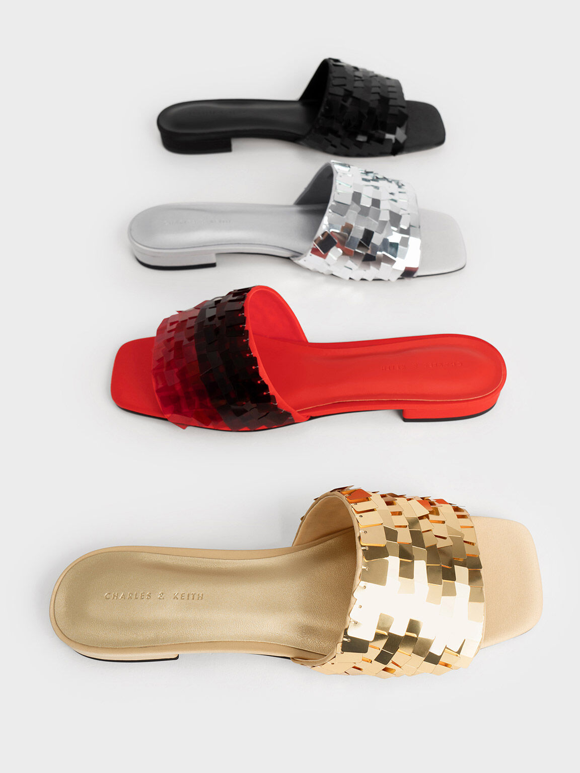 Sequinned Satin Slide Sandals, Red, hi-res