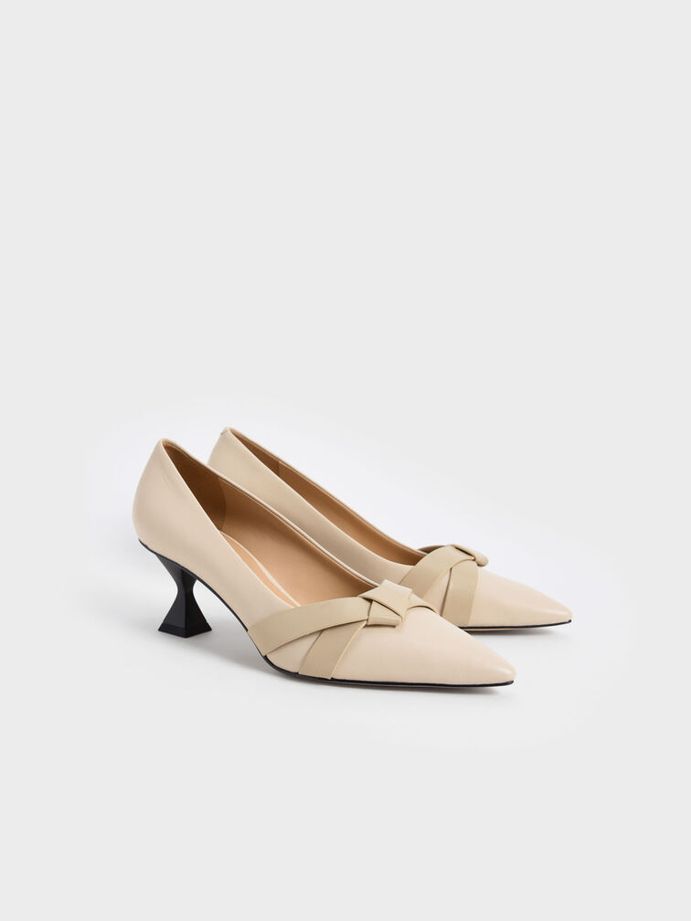 Leather Knotted Bow Sculptural Heel Pumps, Chalk, hi-res