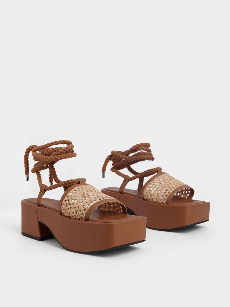 Micah Raffia & Leather Tie-Around Flatforms, Brown, hi-res