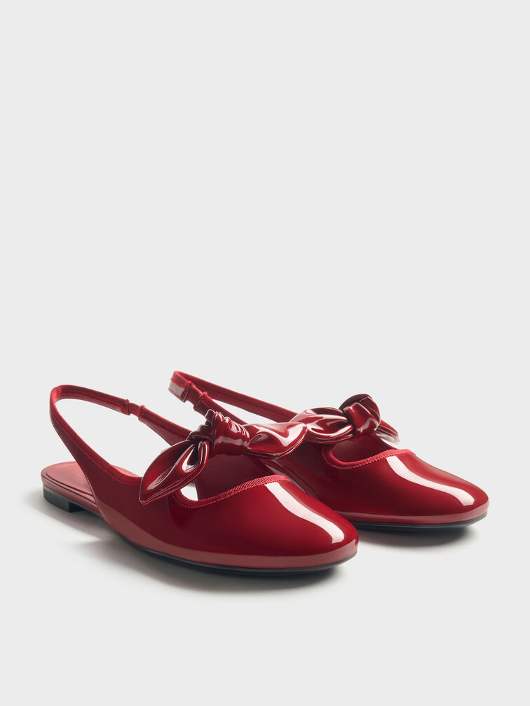 Patent Knotted-Bow Slingback Flats, Red, hi-res