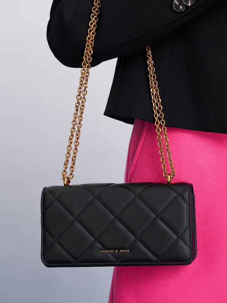 Cartera larga acolchada con asa de cadena Paffuto, Negro, hi-res