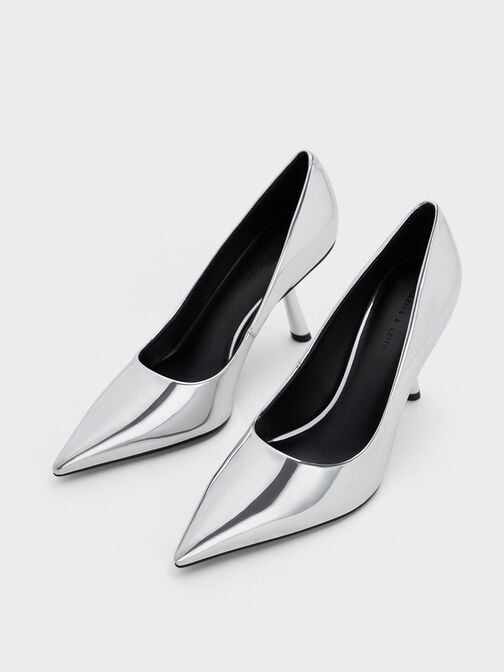Zapatos de tacón metalizados con punta en punta y tacón inclinado, Plateado, hi-res