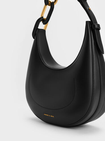 Bolso Kora media lina con acento metálico, Negro, hi-res