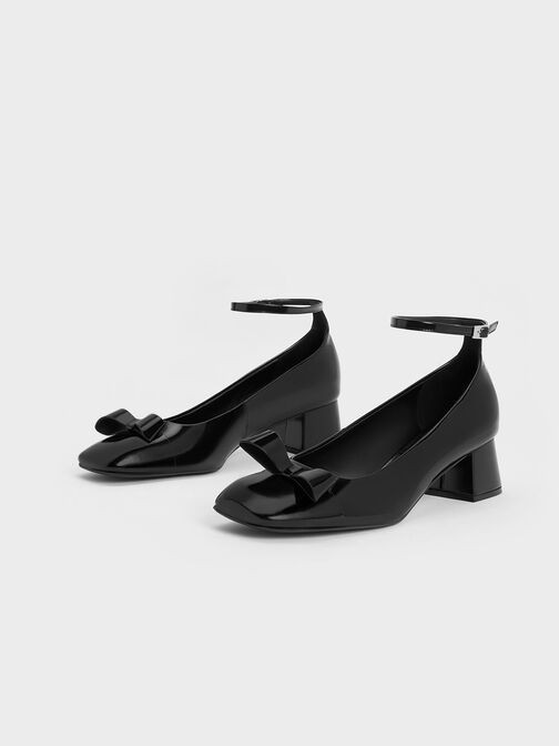 Leather Bow Ankle-Strap Pumps, Black Box, hi-res