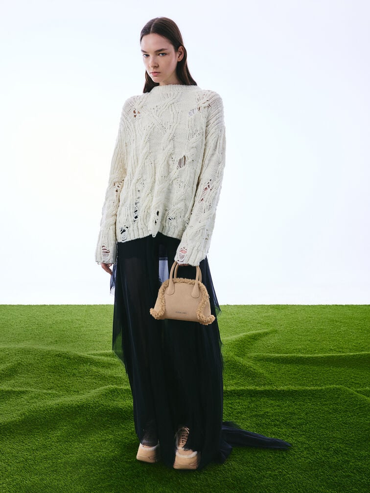 Nelly Recycled Suede & Faux Shearling Bowling Bag, Nutmeg Beige, hi-res