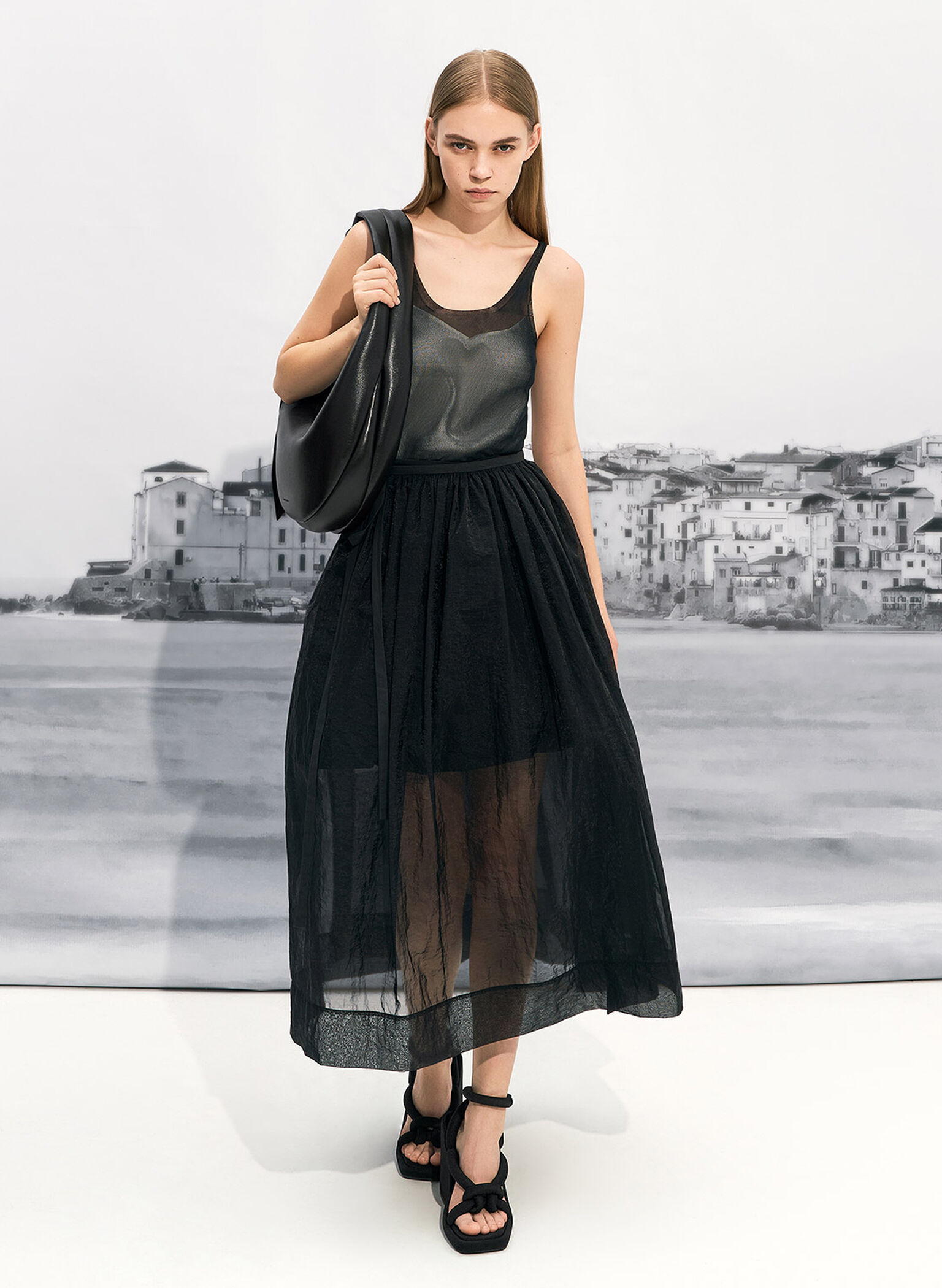 Bolso hobo curvo Toni con nudos, Noir, hi-res