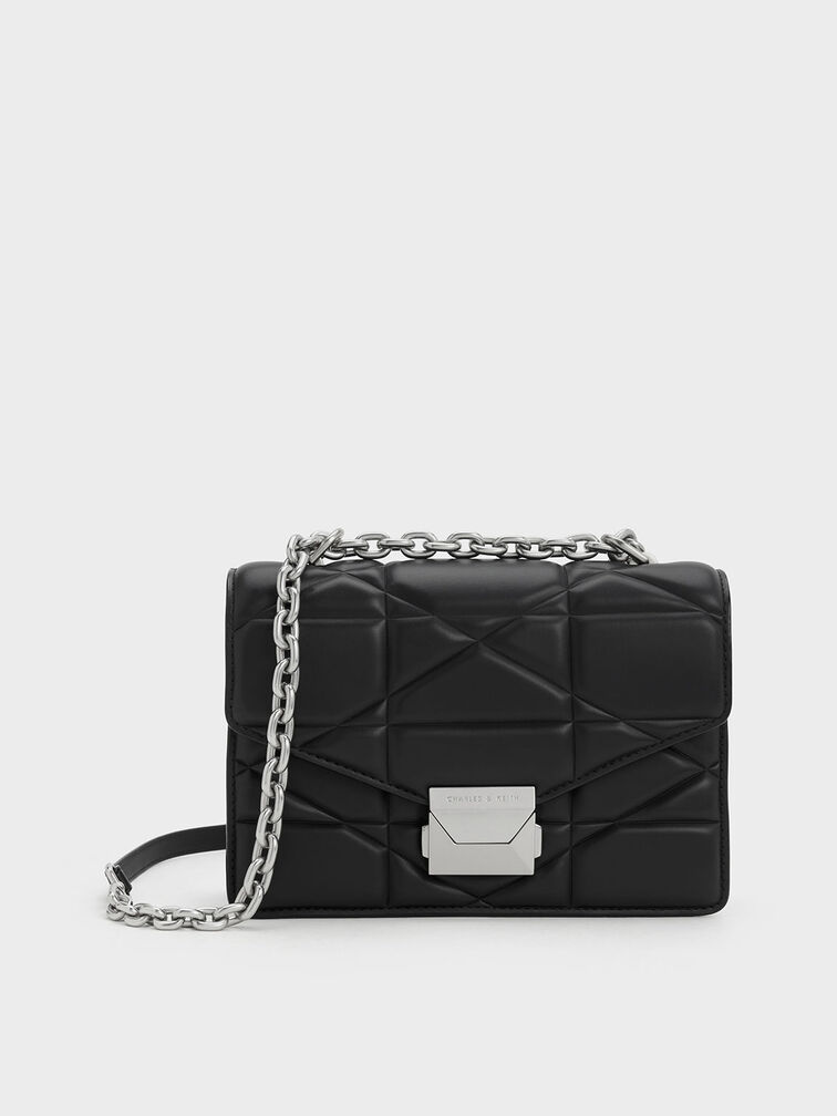 Noir Blanche Chevron Chain Handle Bag - CHARLES & KEITH US