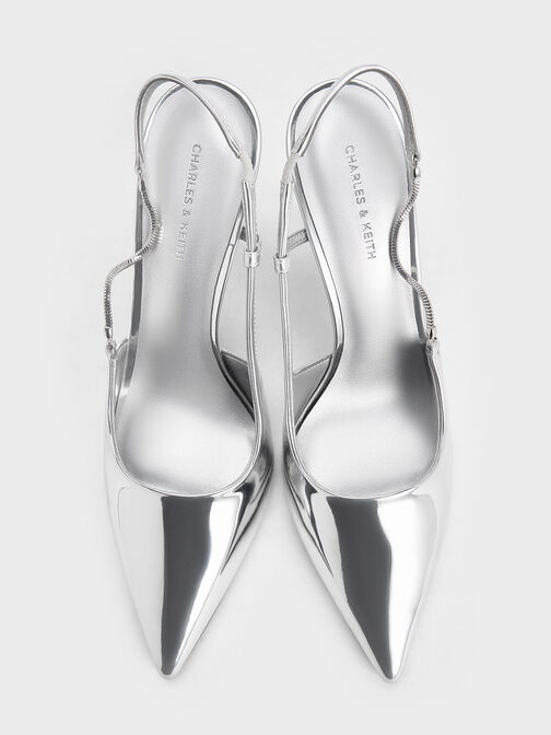 Metallic Chain-Strap Pointed-Toe Slingback Pumps, Silver, hi-res