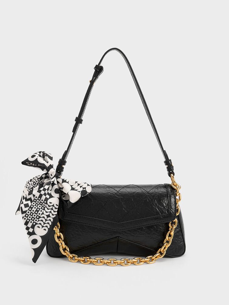 Bolso trapecio Arley con cadena y pañuelo, Negro, hi-res