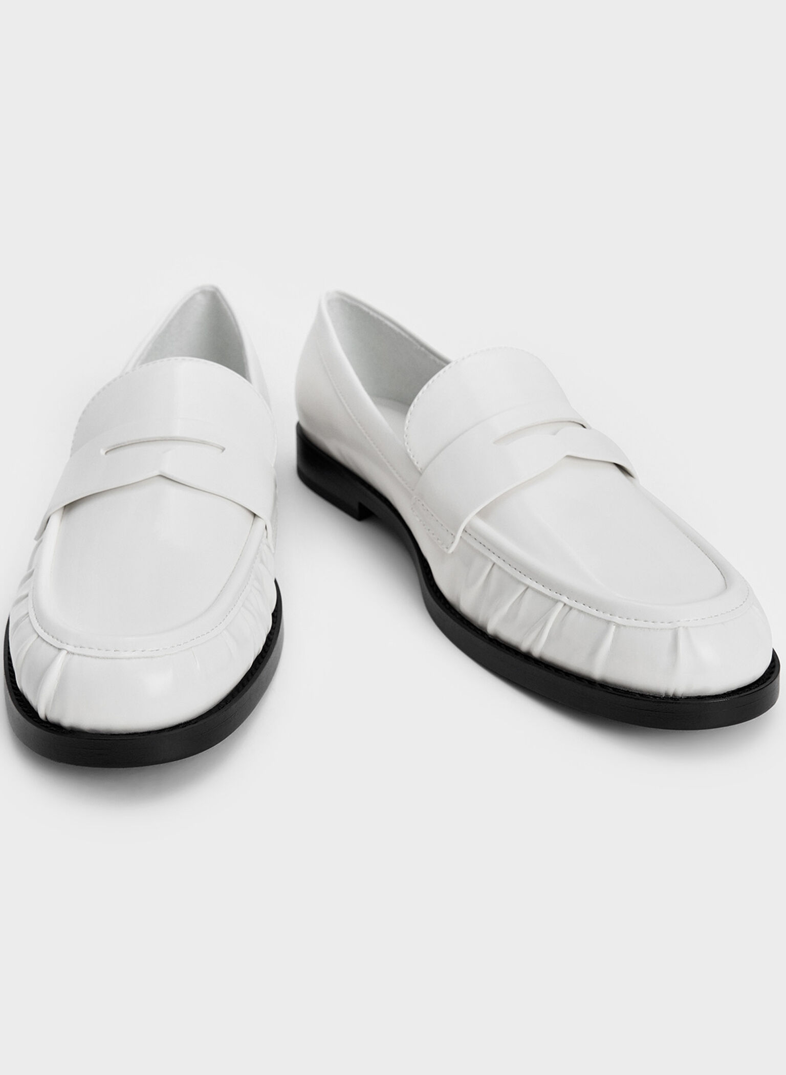 Ruched Penny Loafers, White, hi-res