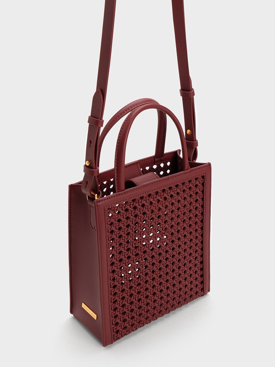 Woven Double Handle Tote Bag, Burgundy, hi-res