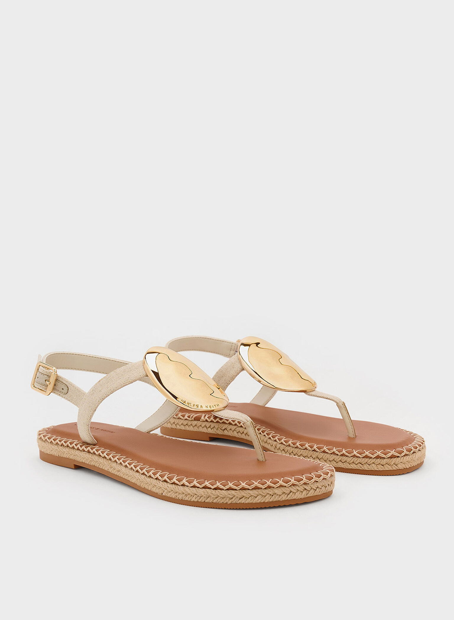 Linen Metallic Oval Espadrille Sandals, Beige, hi-res