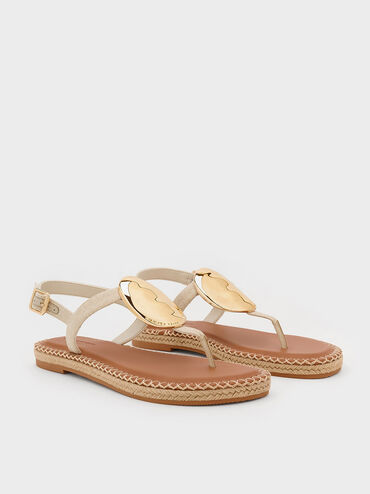 Linen Metallic Oval Espadrille Sandals, Beige, hi-res