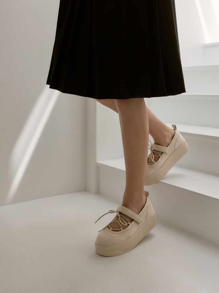 Zapatillas Mary Jane de efecto ante con plataforma, Beige, hi-res